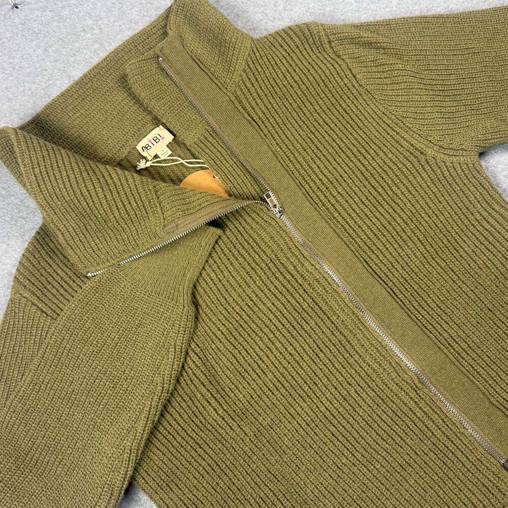 BiBi Womens Small Olive Green Asymmetrical Zip Ribbed Knit Sweater Jacket NWT